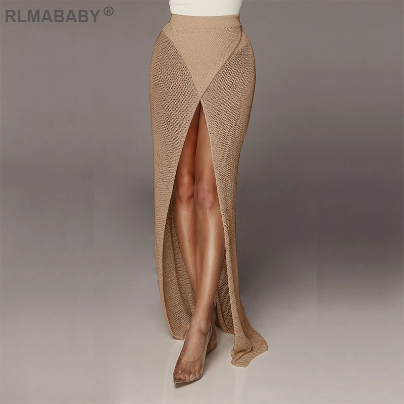 

RLMABABY Summer Beach Party Knitted Maxi Skirts High Waist Spilt Women Long Skirt Casual Criss Cross Streetwear Club Sexy Skirt