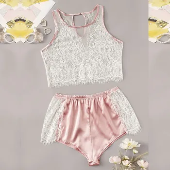 

Sexy Lingerie Fashion Lace Hollow Out Satin Pajama Set Top Crop Camis And Shorts Underwear Cute 2 Pc Pajamas