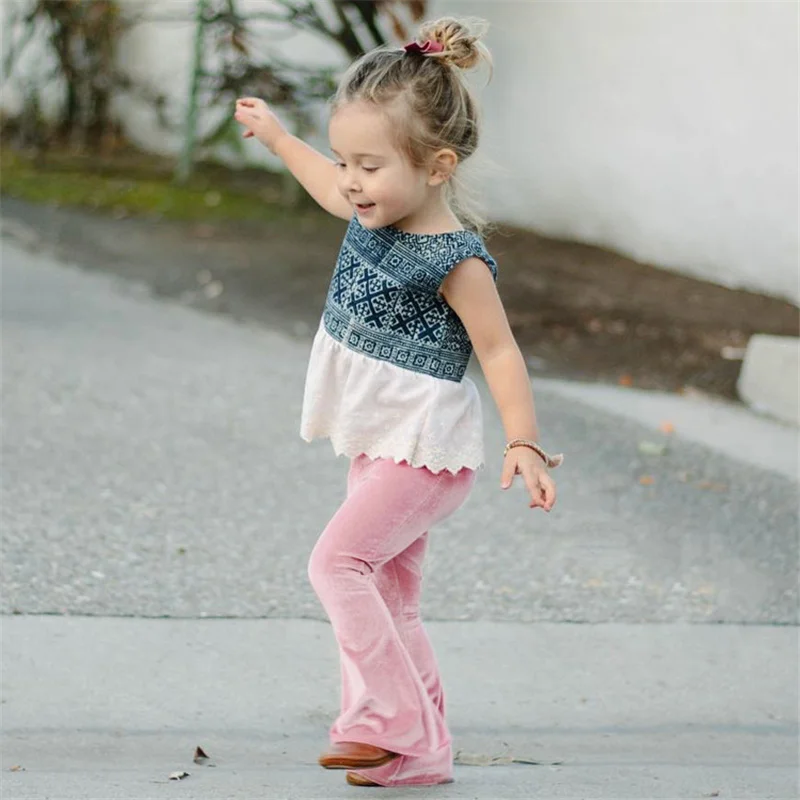 Модные штаны для девочек бархатные штаны для малышей весенне-летние штаны для маленьких девочек, розовые расклешенные штаны детская одежда Европейского дизайна