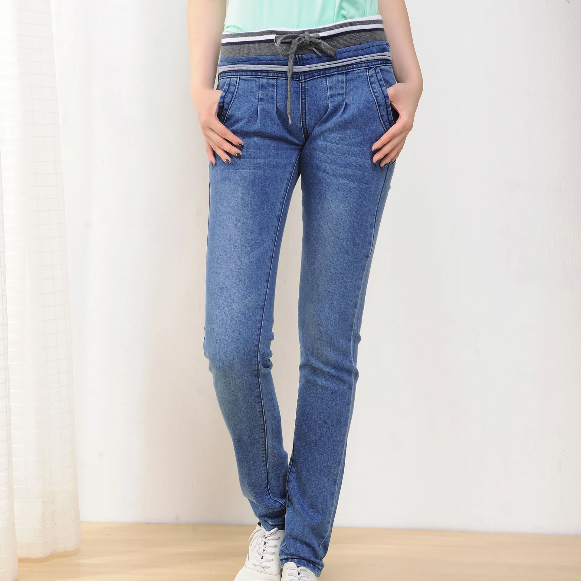 Корейские женские джинсовые брюки с эластичной талией, женские сексуальные тонкие шаровары, женские прямые джинсовые брюки, женские джинсы - Цвет: light blue