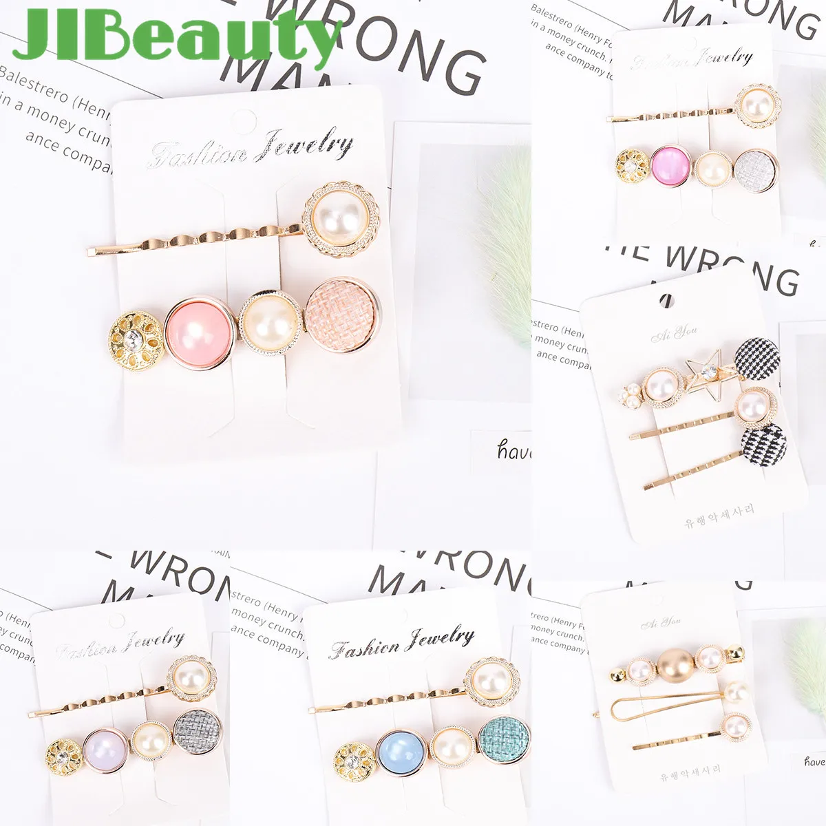 

QIANJI New Set Korea Vintage Imitiation Pearl Hairpins Fashion Hair Accessories Houndstooth Button Imitiation Pearl Hair Clips