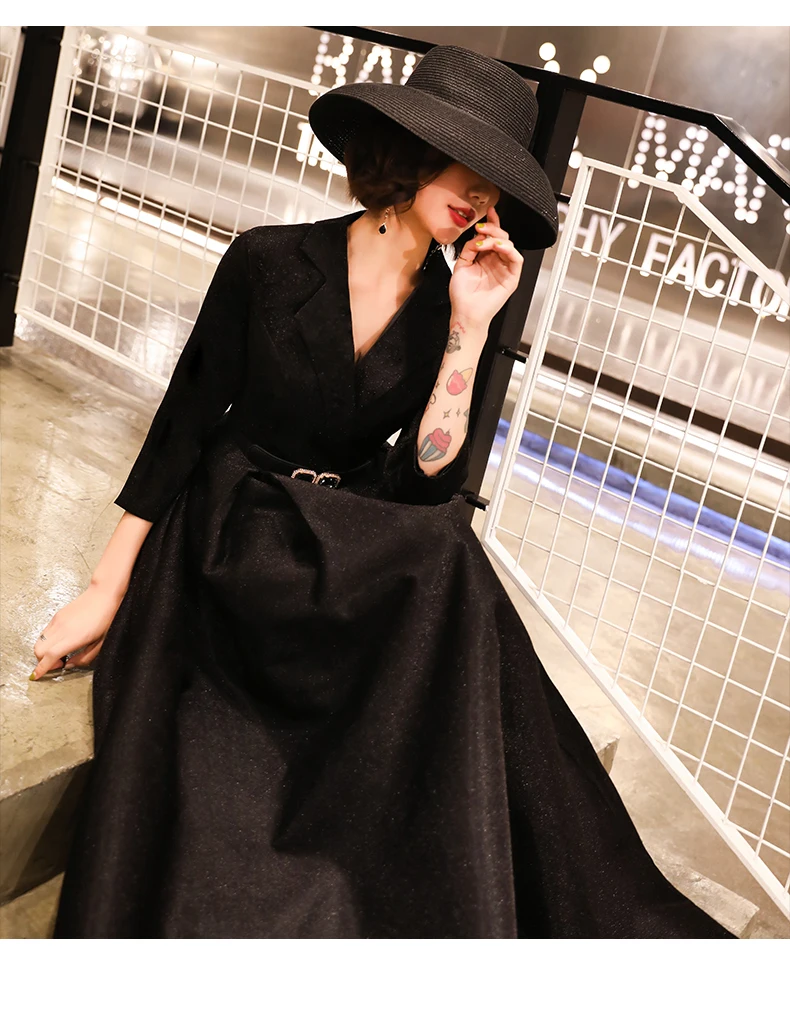 Robe De Soiree вечернее платье черное с v-образным вырезом и длинным рукавом Вечерние платья длинное платье LYFY137
