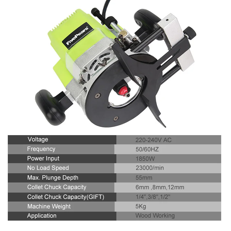 FIVEPEARS 1850 W enrutador eléctrico 6mm 8mm 12mm recortador de carpintería recortador de ranura máquina de regalo 1/2