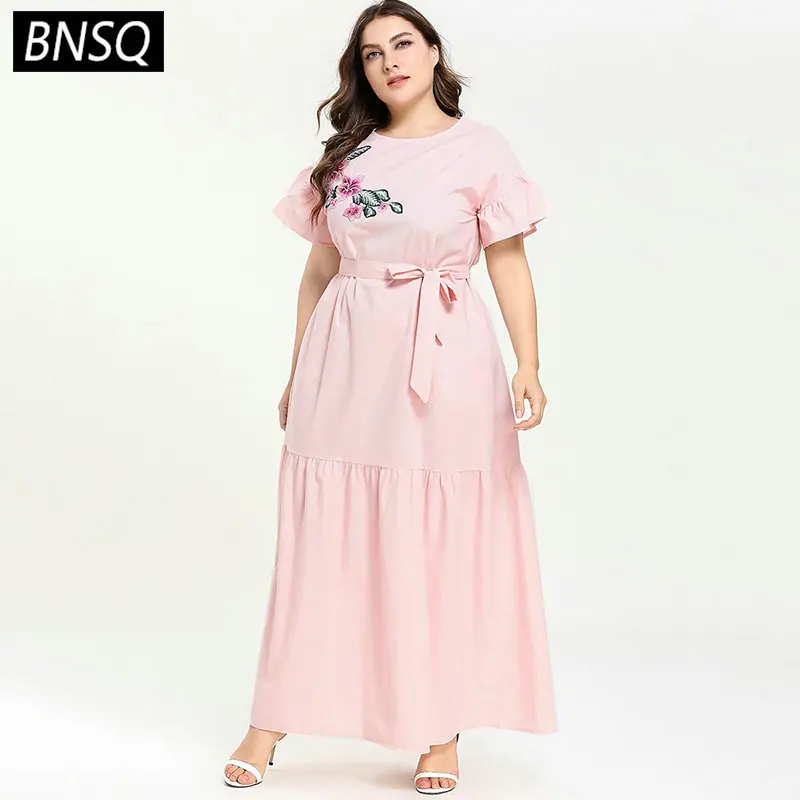 

BNSQ 2019 Summer Dress For Women Flower Embroidery Patchwork Solid Female Maxi Dresses Flare Sleeve With Sashes Loose Clothes