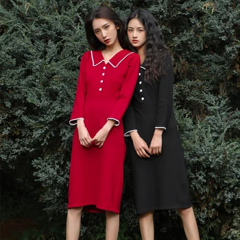 

High quality temperament slim dress Gothic Hepburn retro 50s60s knit stretch dress Party Dresses