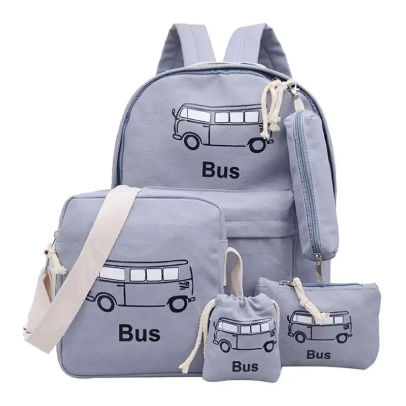 

5pcs/Set Women Men Teen Canvas Students Backpacks Shoulder Schoolbags Car Printed Mini Purse Clutch Composite Bags purse