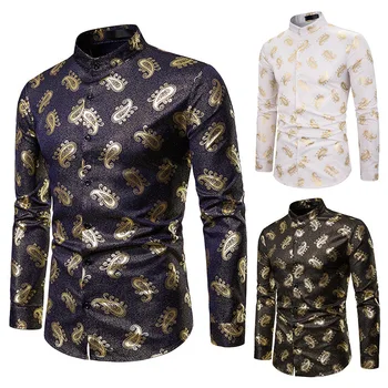 

New Luxury Gold Foil Print Shirt Men Casual Dress Shirts Wedding night-club dance Tuxedo Shirt Male Stage Singer Wear Shirt Tops