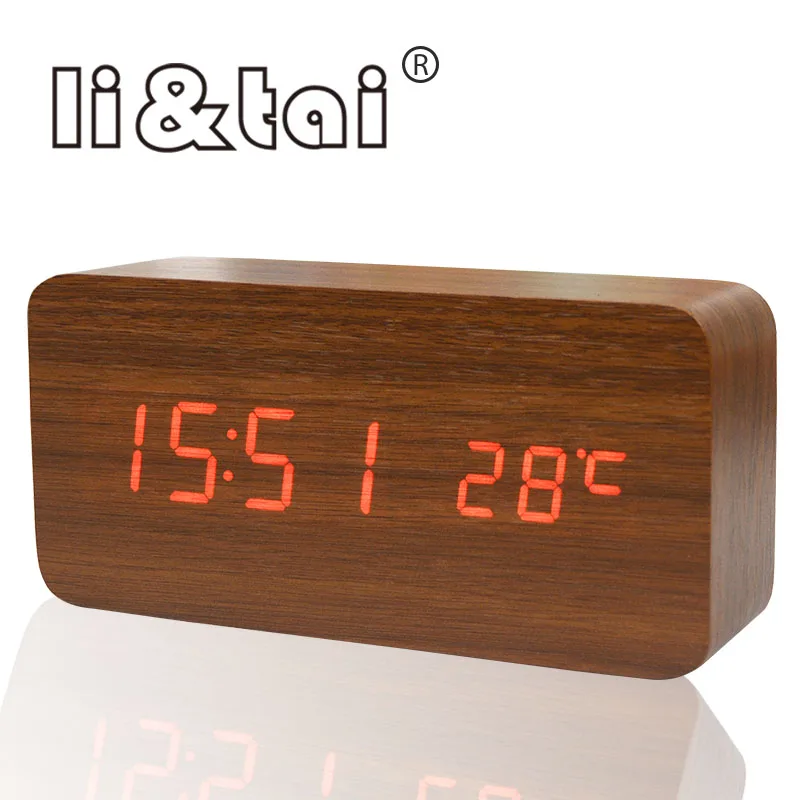 Electronic Digital WOODEN LED Alarm Clock Sounds Control Thermometer /& Calendar