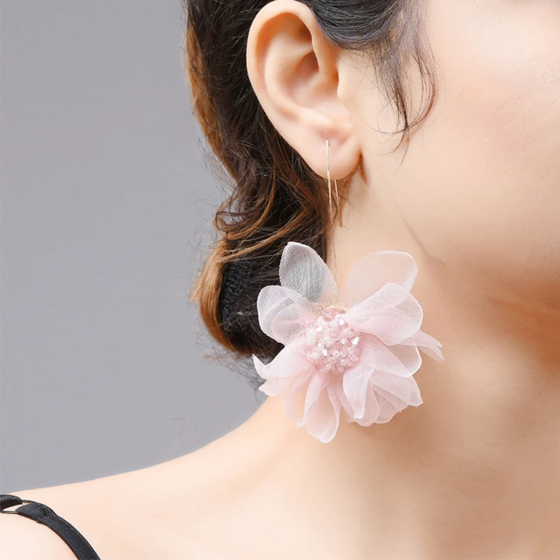 

Wuli & baby Pink Gauze Big Flower Dangle Earrings Women Statement Holiday Earrings