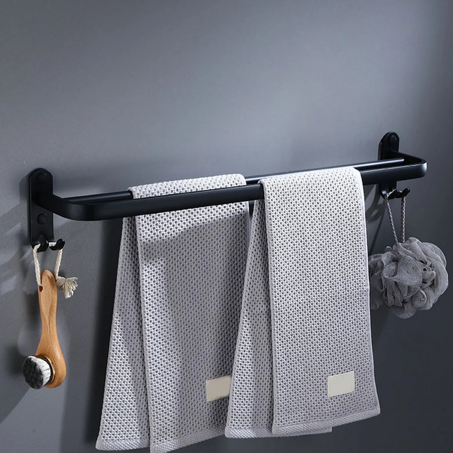 

Behogar Double Bar Matte Aluminum Alloy Towel Holder Rack with 2 Hooks Wall Mounted for Bathroom Kitchen Office Black