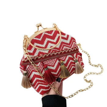 

BEAU-Straw Bags Women Summer Rattan Bag Hand-Woven Beach Tassel Chain Shoulder Messenger Bag