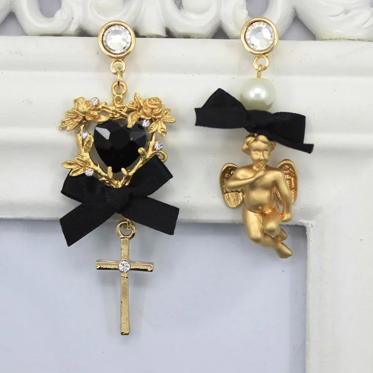 

New Arrival Fashion Baroque bow doll peach cross asymmetric exaggerated Earrings 0360