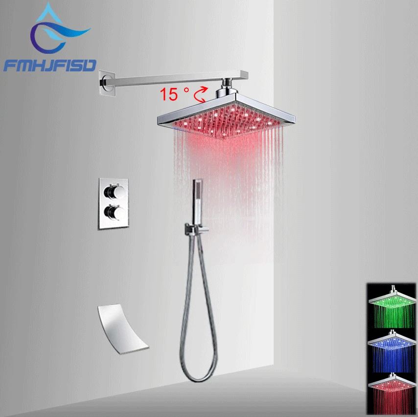 

Chrome Finish Thermostatic Shower Faucet Set Bathroom Shower 8Inch Rainfall LED Shower Head Waterfall Spout ABS Hand Shower