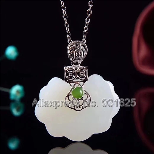 

925 silver Gold Natural White Green HeTian Yu Chinese Lock Style Design Lucky Pendant Necklace + certificate Fashion Jewelry