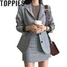 Весенние корейские модные женские клетчатые блейзеры, костюмы для офисных леди, формальные винтажные клетчатые блейзеры, куртки, мини-юбки, комплекты из 2 предметов