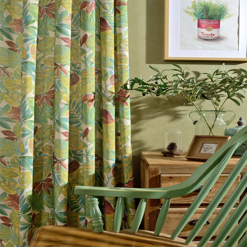 

New Arrival Modern Fresh Style Green Leaves Floral Printed Cloth Curtain Polyester Blockout Cloth Curtain for Living Room