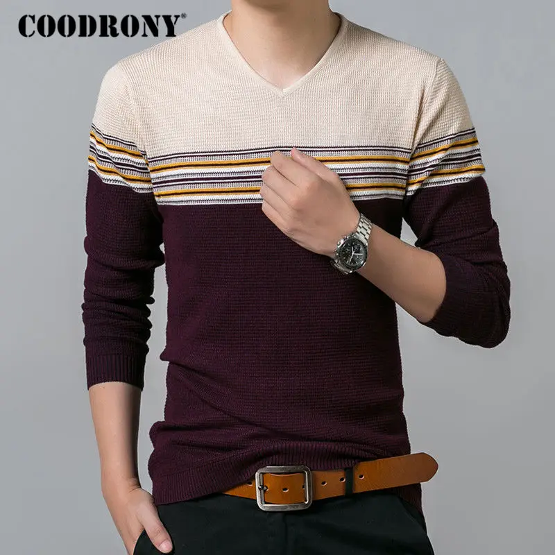COODRONY, хлопковый шерстяной свитер для мужчин, зимние мужские теплые свитера, облегающий пуловер для мужчин, повседневный Полосатый пуловер с v-образным вырезом, мужские топы 7179