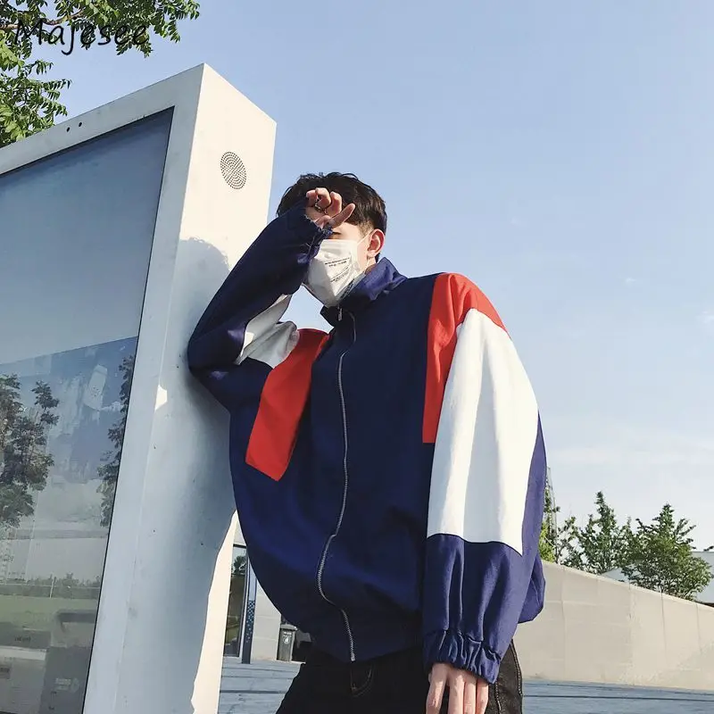 

Jackets Men Stand Collar Letter Printed Leisure Loose Patchwork Harajuku Jacket Mens Korean Style Ulzzang Hip Hop Students Coat