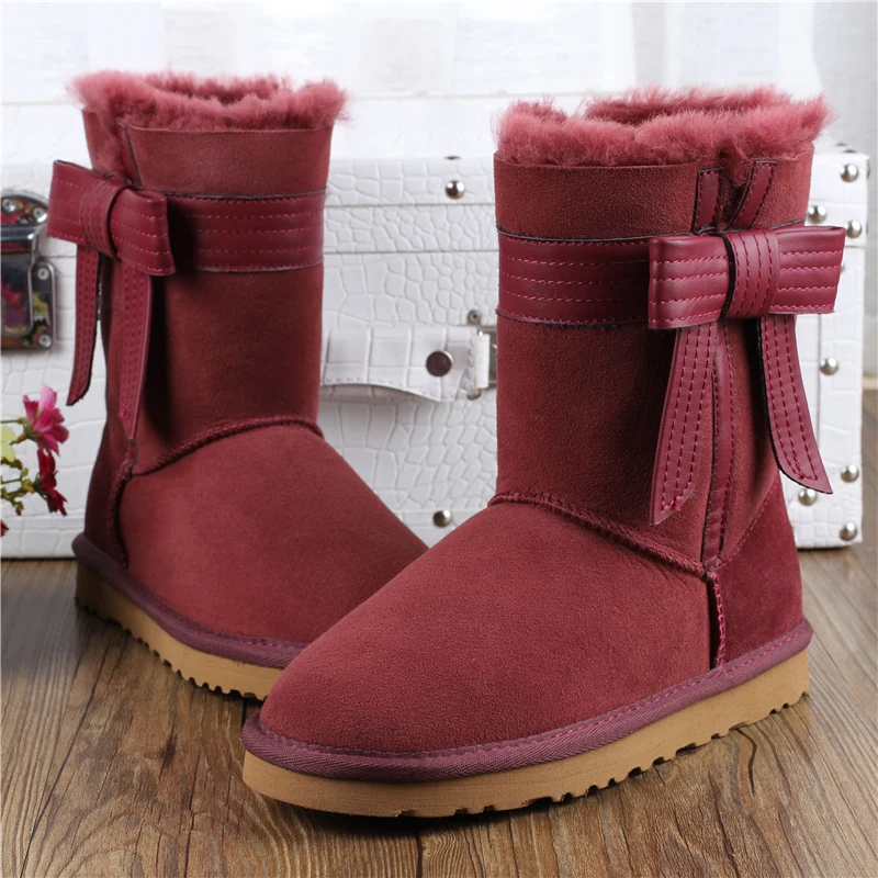 

Free Shipping Women Fashion Genuine Leather Slip-on Boots  Bow-tie Warm Winter boots with Fur Size 35-40