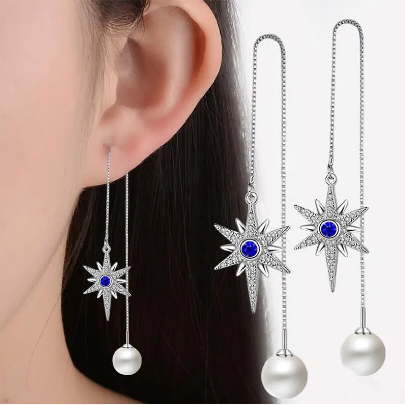 

Anenjery 925 Sterling Silver Micro AAA Zircon Hexagram Star Long Tassel Earrings For Women Simulated Pearl Drop Earrings S-E289