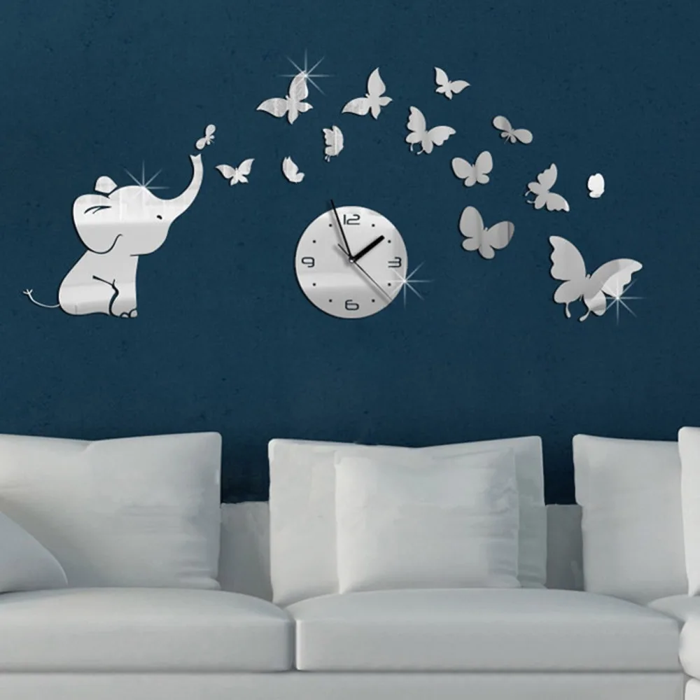 Детский слон и бабочки искусство современный роскошный дизайн DIY 3D Хрустальные зеркальные настенные часы настенные наклейки декор для гостиной спальни