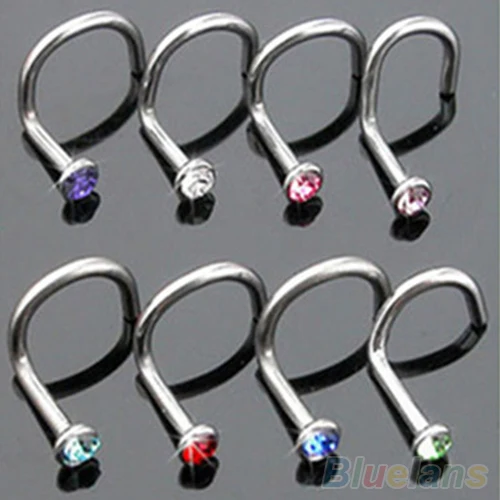 

10Pcs Mix Colors Rhinestone Hook Bone Bar Pin Piercing Jewelry Nose Studs Rings 4QK3