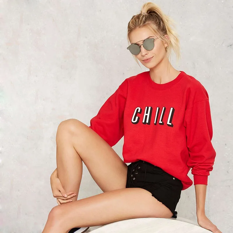 Red Brief Letters Print Loose Long Sleeve Crew Neck Pullover Sweatshirt in Hoodies & Sweatshirts