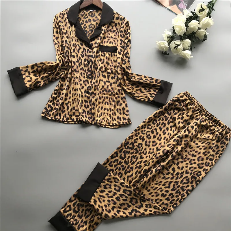 Летняя пижама с длинным рукавом для женщин, Имитация натурального шелка, пижамный комплект с леопардовым принтом, сексуальная пижама