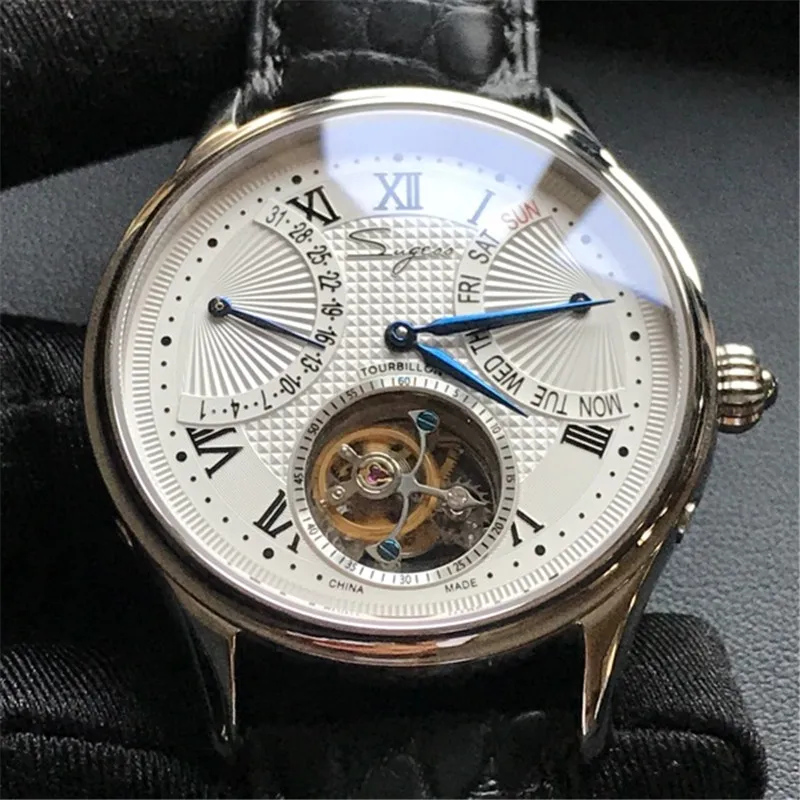 Роскошные часы ST8004 Tourbillon, мужские часы из крокодиловой кожи с календарем, дисплеем недели, мужские механические часы с ручным заводом, водонепроницаемые часы 5ATM