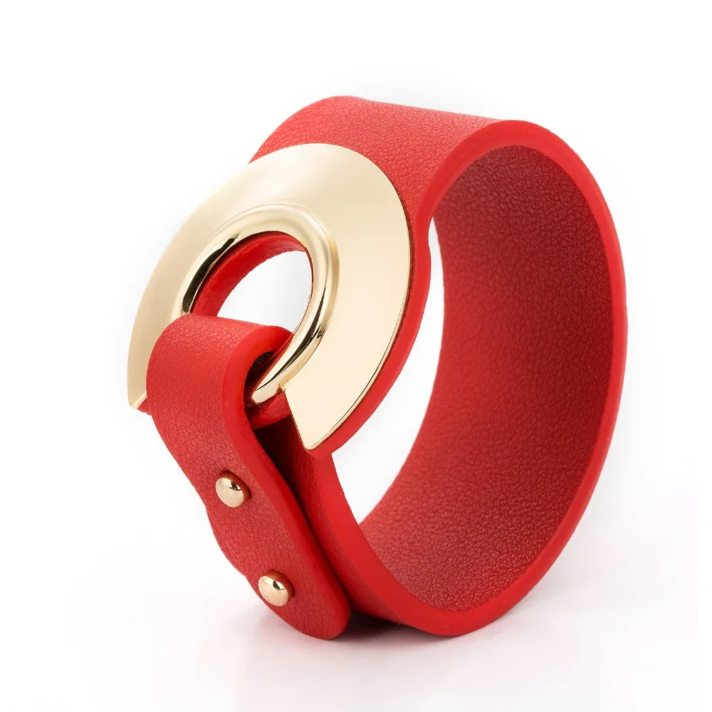 

Woman Leather Bracelet Gold Metal All-Match Wide Leather Bracelets For Mature Female Fashion Wristband Adjustable Size 4 Colors