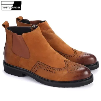 

Winter New Fashion Low Heel Genuine Leather Zipper Mens Ankle Shoes Male Chelsea Boots Pointed Toe British Brogue Wing Tip Brand