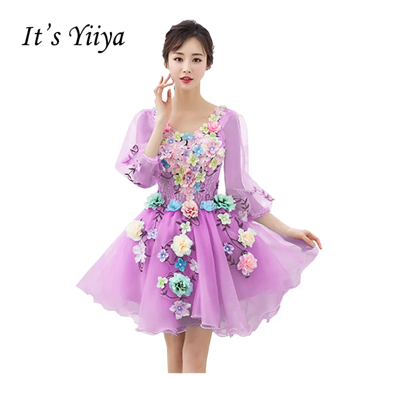 

It's Yiiya New O-neck Illusion Lace Ball Gown Cocktail Dresses Flower Princess Mini Custome Made Tulle Party Formal Dress HL017