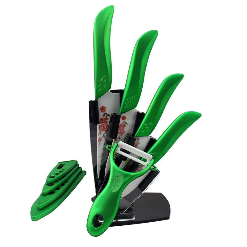 

Findking Beauty Kitchen Ceramic Knife Set 3" 4" 5" 6" inch with Flower painted+ Peeler+Covers+Acrylic Kitchen Knife Holder