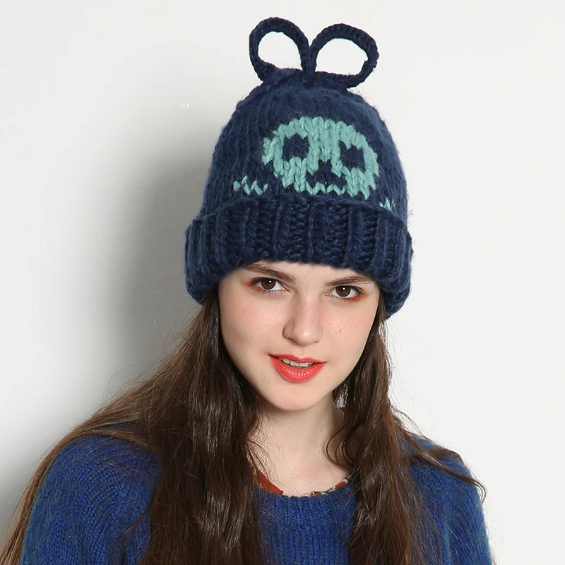 

BomHCS Skull Handmade Beanie Women Winter Warm Thick Knitted Hat Caps