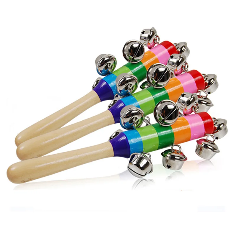 1pc Wooden Stick Toys 10 Jingle Bells Rainbow Hand Shake Bell Rattles