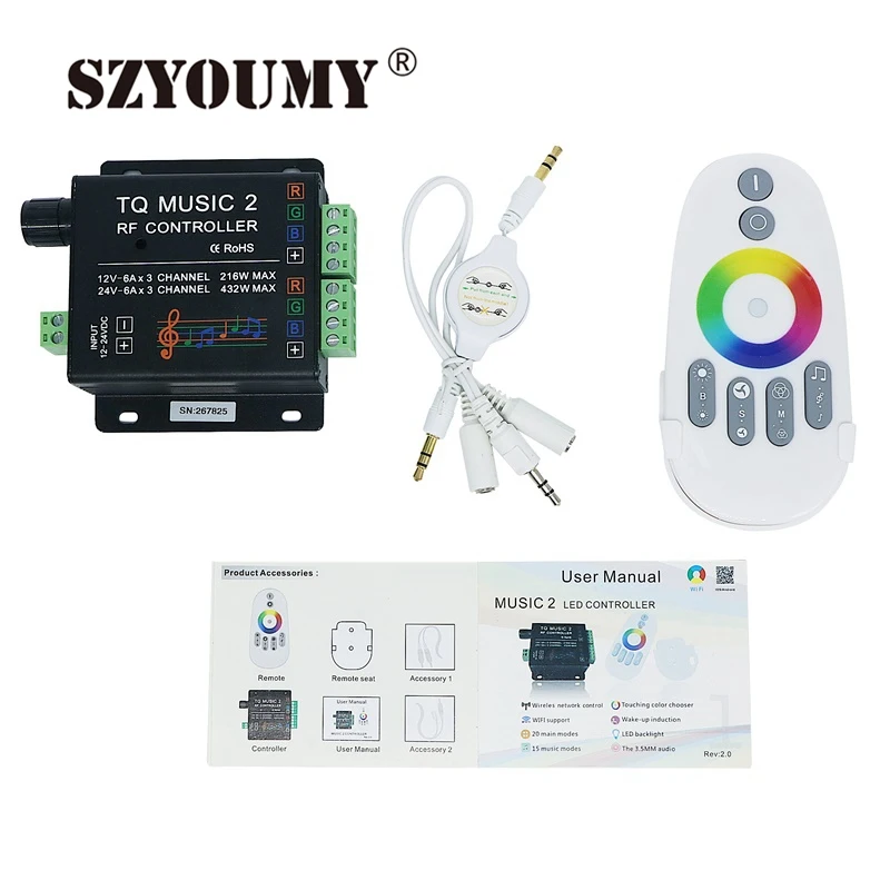 cheap SZYOUMY DC12V 24V RGB LED Controller RF Music Audio Control 18A 3 Channel Music 2 For SMD 3528 5050 5630 Led Strip Light