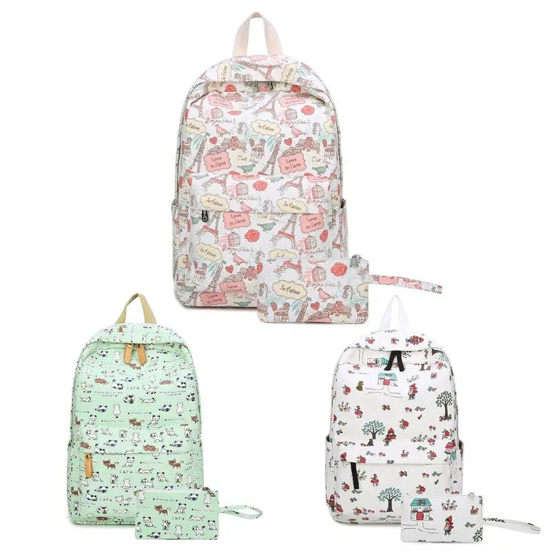 

2pcs Cute Printed Canvas Backpack Schoolbag Leisure School Rucksack Bags