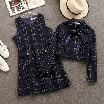 

New Spring Autumn Fashion Ladies Sets Elegant Tweeds Plaid Long Sleeve Jacket + Sleeveless Vest Dress Women Coat and Dress Suits