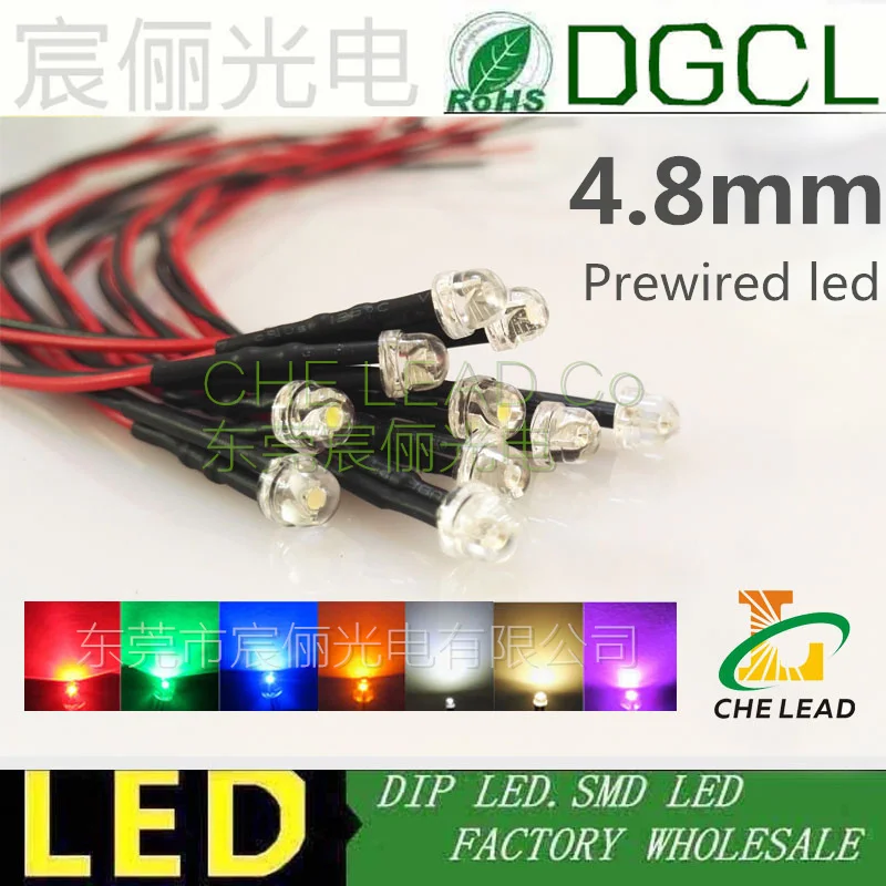 100PCS 4.8mm DC12V/24V Pre Wired led Diffused Red/Green/Blue/Yellow/White 5mm straw hat 20cm DIP LED indicator pre-wired | Лампы и