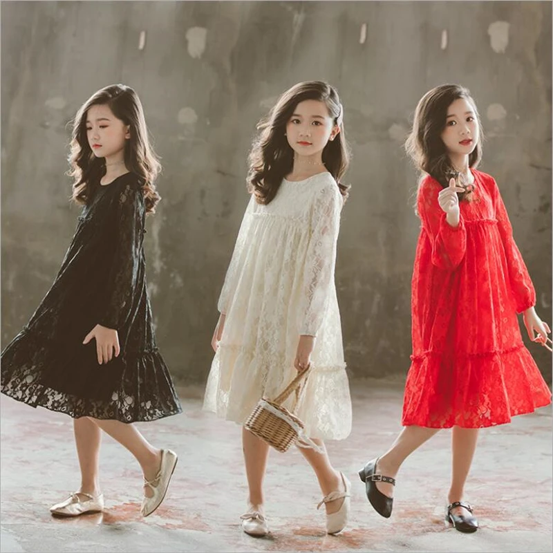Осенние платья Новинка года, белое, черное, красное кружевное платье с длинными рукавами для девочек возрастом от 4 до 12 лет, милая модная осенняя одежда