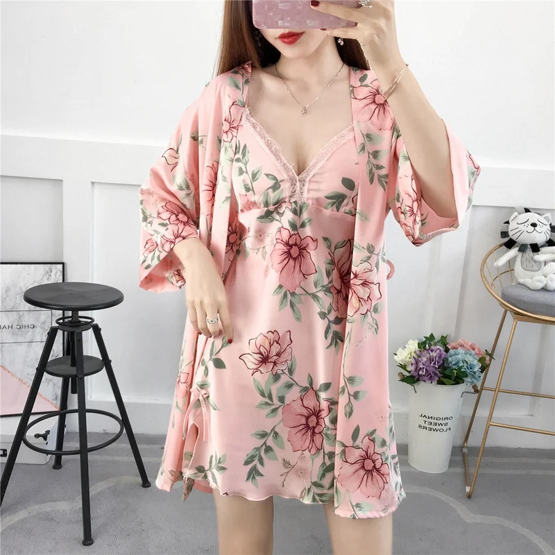 

Womens Tops and Blouses Pink Lady Night Dress Bathrobe Women Lace Sexy Plus Size Sleepwear Sets Women Pijamas Dress