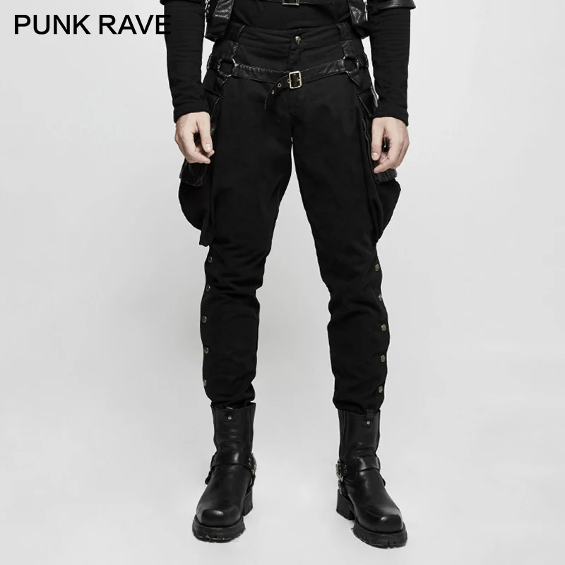 

PUNK RAVE Steampunk Stretch Woven Washed Men Horse Riding Pants Gothic Stereo Pockets Wear Off Wash Old Halloween Club Party
