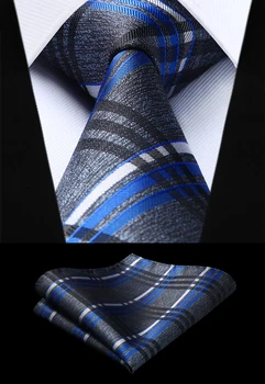 

Party Wedding Classic Pocket Square Tie Woven Men Tie Fashion Gray Check Blue Plaid Necktie Handkerchief Set#TC914A8S