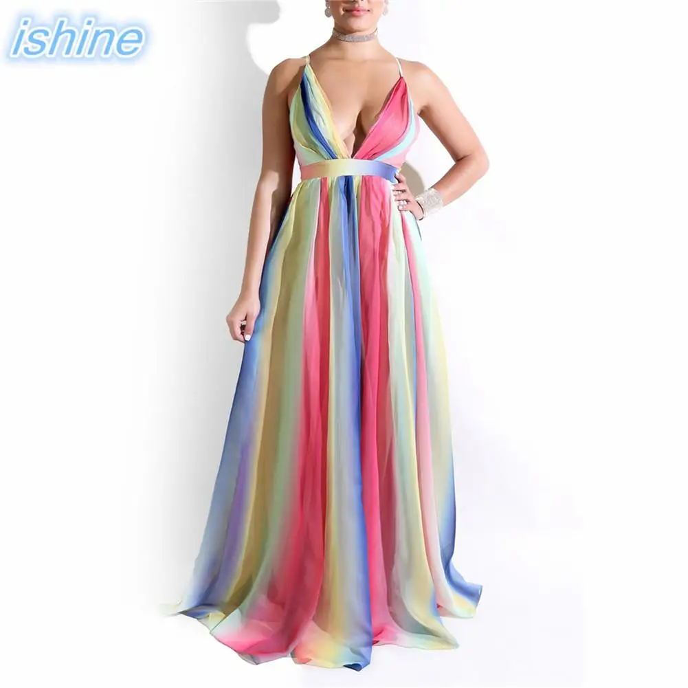 

Sexy Deep V Backless Club Dress Spaghetti Straps Rainbow Stripes Gradient Party Dress Chiffon Maxi Gown
