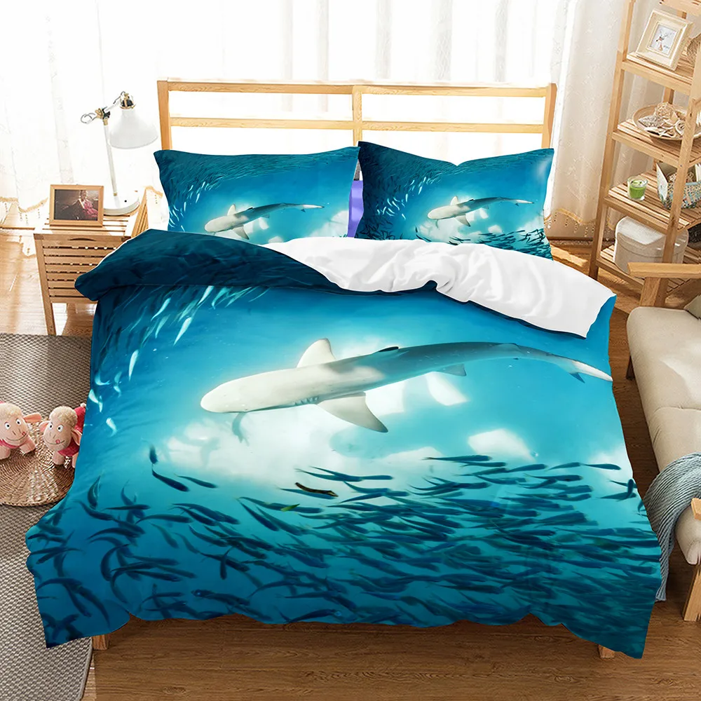 

WINLIFE 3D Bed Cover Designs with Pillow Shams Shark Duvet Cover Sea Ocean Life Animals Marine Theme Image