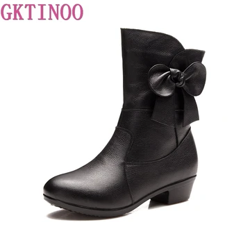

GKTINOO Winter Fur Women's Boots Warm Genuine Leather Snow Boots Female Rubber Soles Mid-Calf Fashion High Heels Shoes Woman