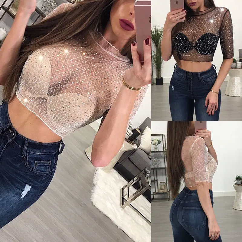 

2018 Brand New Fashion Women Summer Tops Shirt Crop Casual Tops Diamonds See Through T-Shirt Fashion Clothes