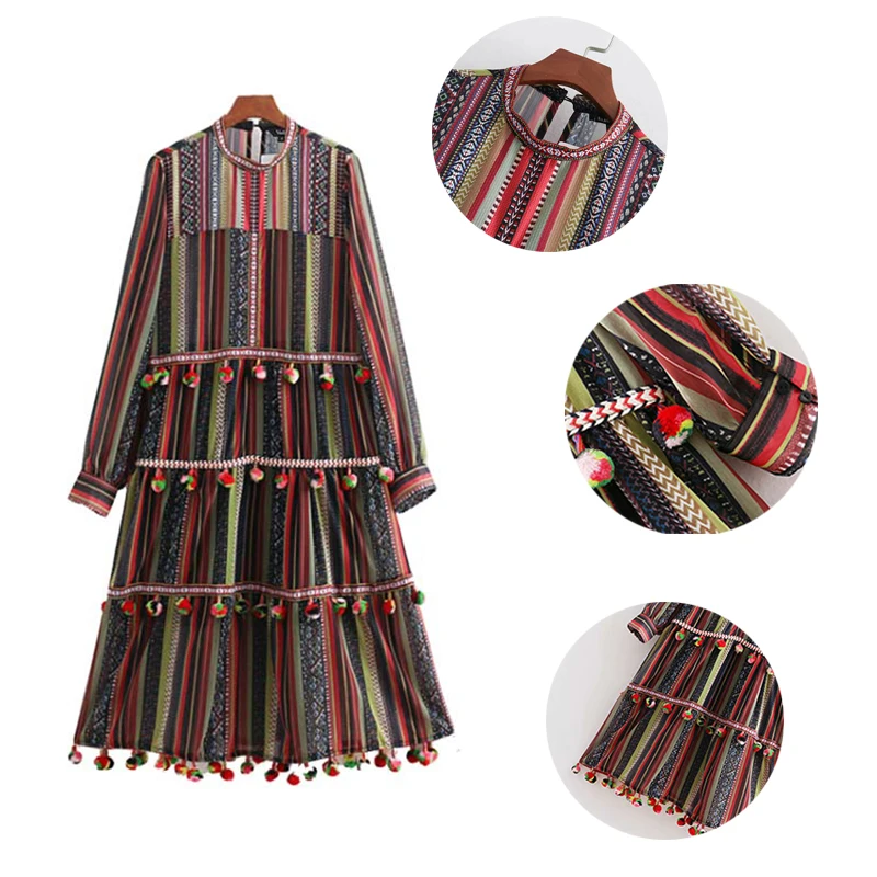 

Fannic women vintage striped chiffon dress fur ball decorate long sleeve pleated female casual chic maxi dresses vestidos