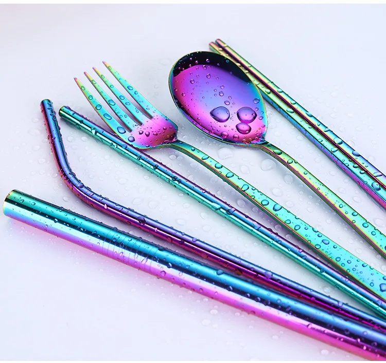 2019new Stainless Steel Cutlery Portable Cutlery Set Chopsticks Spoon Fork Reusable Straw and Portable Dinnerware Bag for Travel