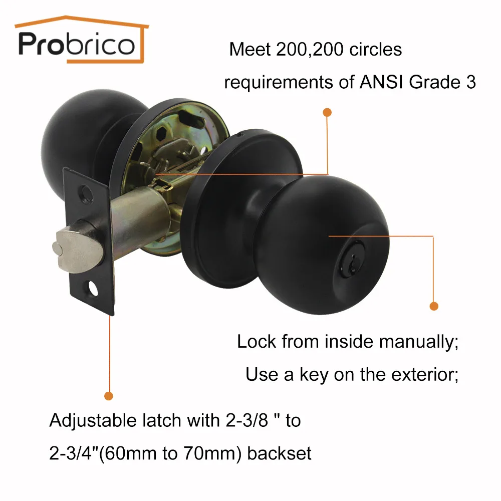 Probrico черная ручка для межкомнатной двери, круглые дверные ручки, поворотный замок, дверная ручка из нержавеющей стали, 3 ключа для безопасности, дверная фурнитура